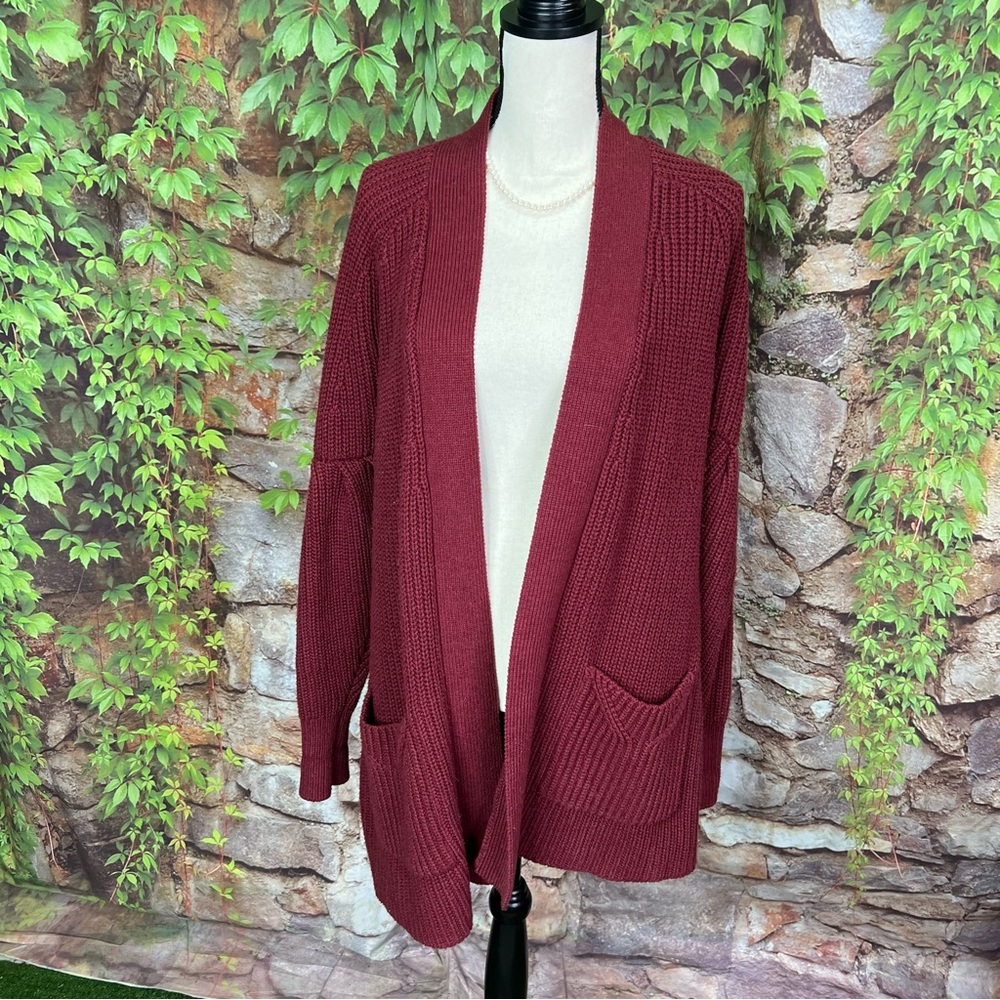 KNITTED & KNOTTED Cranberry Ribbed Open Cardigan, S - Picture 2 of 11